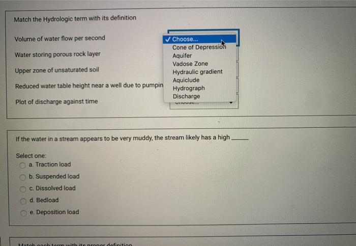 Match the hydrologic term to its definition