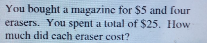 You bought a magazine for  and four erasers